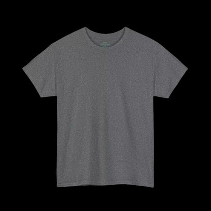 A plain gray t-shirt against a black background.
