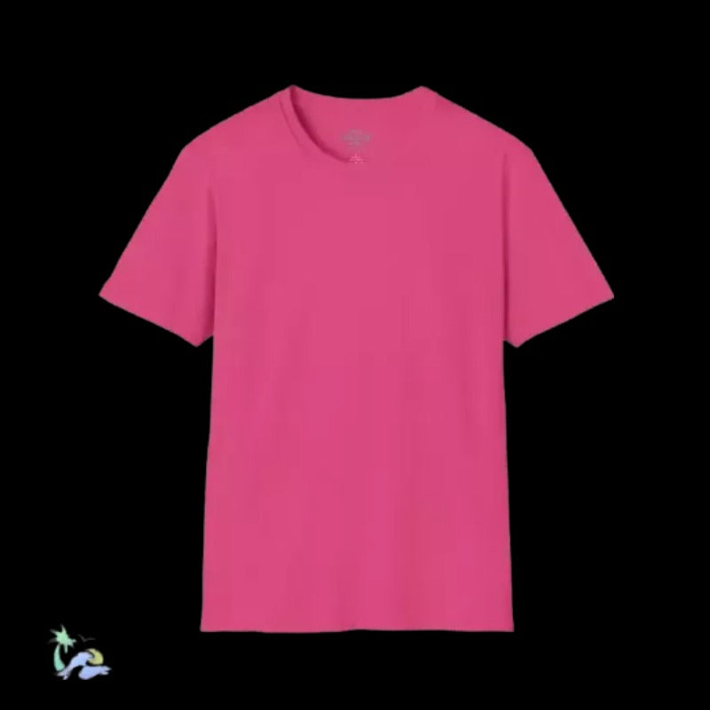 A bright pink t-shirt is displayed against a black background.