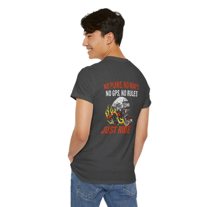 A person wearing a grey t-shirt with a graphic design and text on the back.