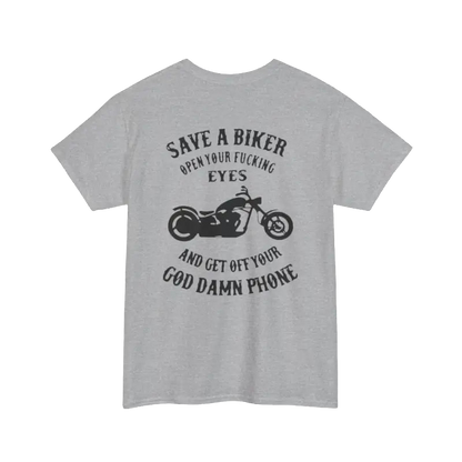 a gray t-shirt with a graphic design and text on it.