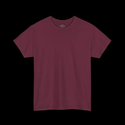 A plain, solid-colored red t-shirt is shown against a black background.