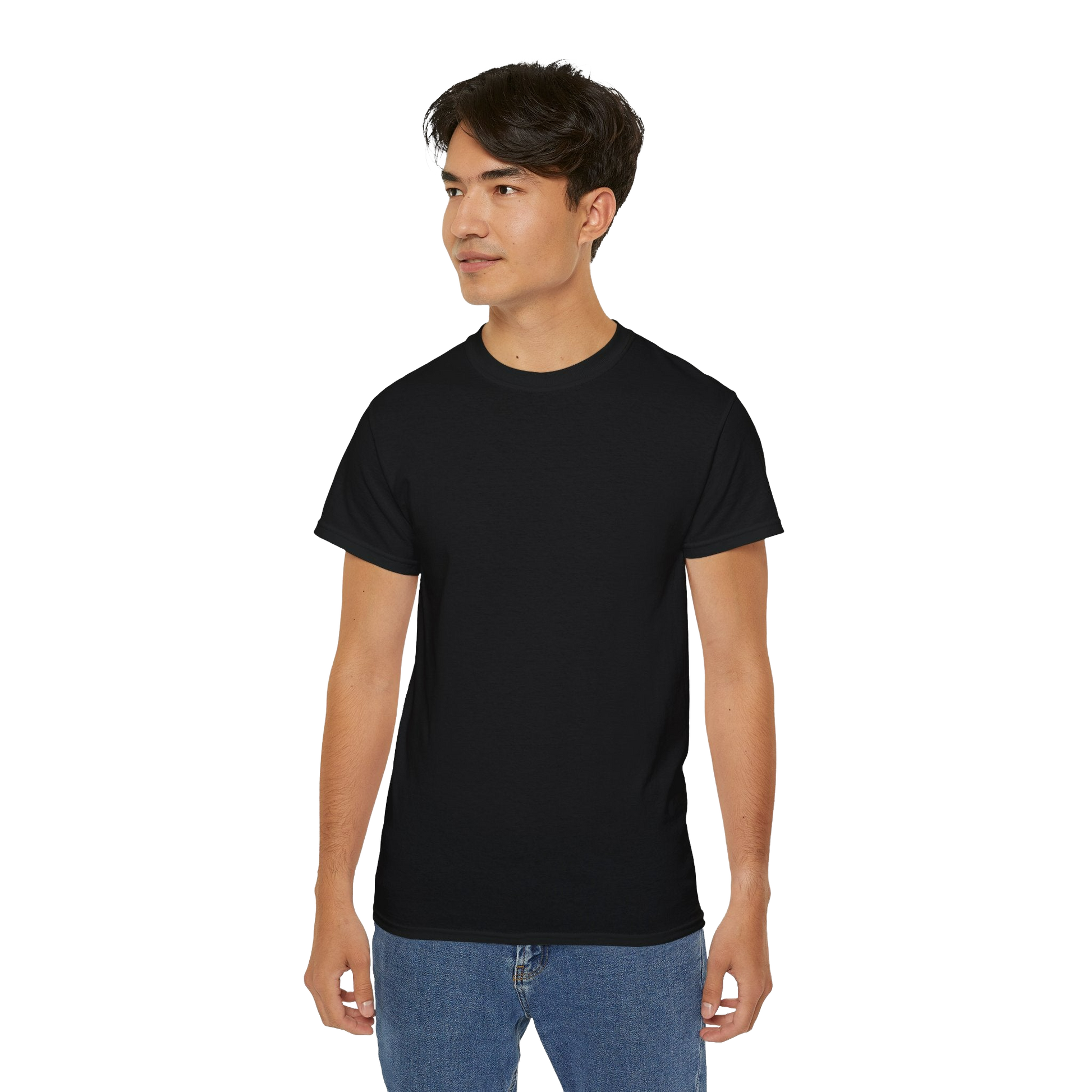 A young man wearing a black t-shirt and blue jeans stands against a black background.