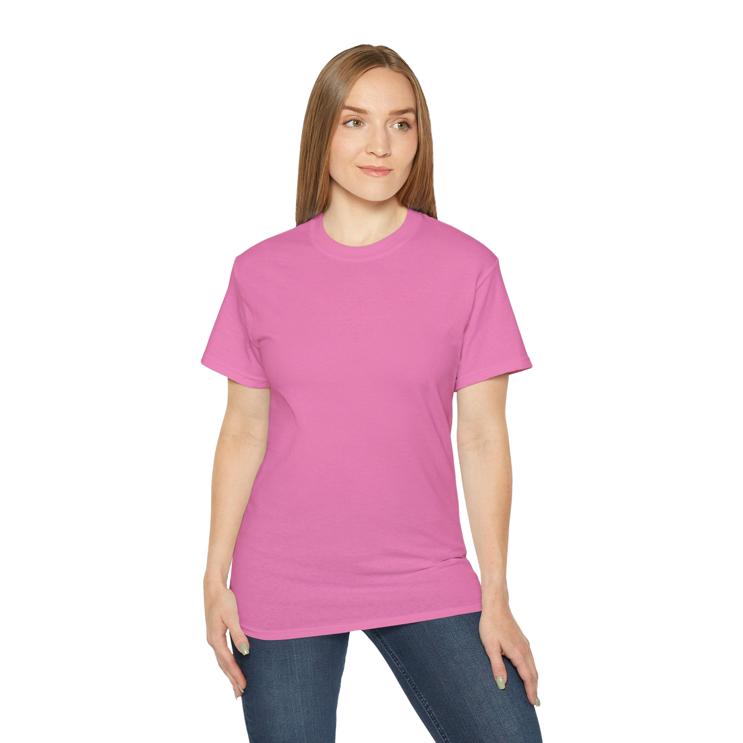 A woman wearing a pink t-shirt and jeans stands against a black background.