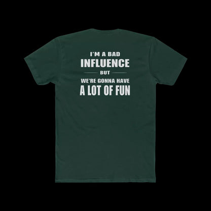 A dark green t-shirt with white text on the back.