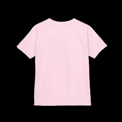 A plain, light pink t-shirt is shown against a black background.
