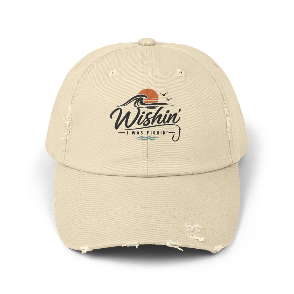 Distressed Baseball Cap - "Wishin' I Was Fishin'" Vintage Fishing Hat