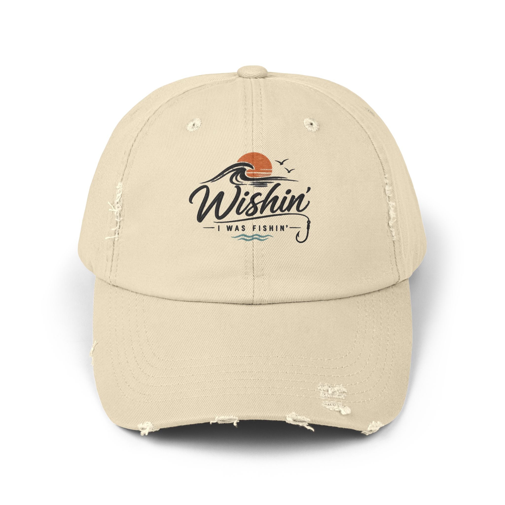 Distressed Baseball Cap - "Wishin' I Was Fishin'" Vintage Fishing Hat