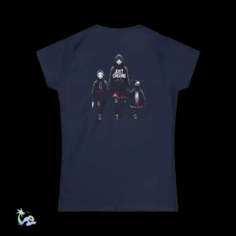 The image is a dark blue t-shirt with a graphic design on the back, depicting three people standing together.