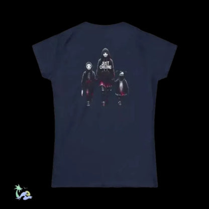 The image is a dark blue t-shirt with a graphic design on the back, depicting three people standing together.