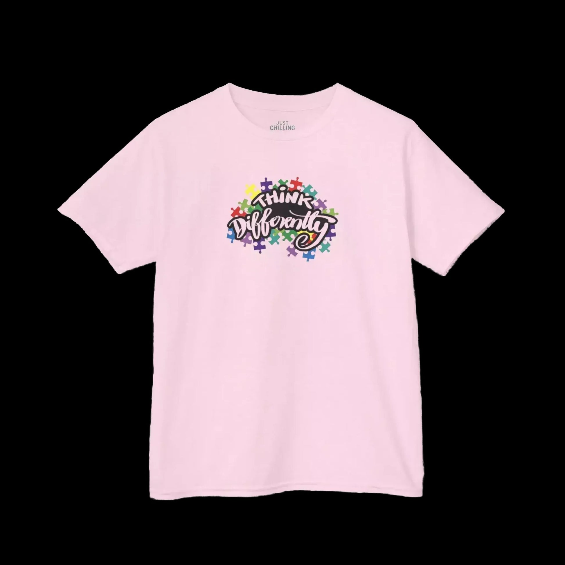 A pink t-shirt with a colorful graphic design featuring the text "Think Diversity" surrounded by a flower-like pattern.