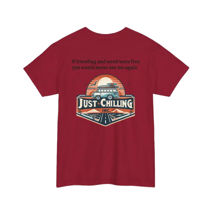 The image is a red t-shirt with a graphic design and text on it.