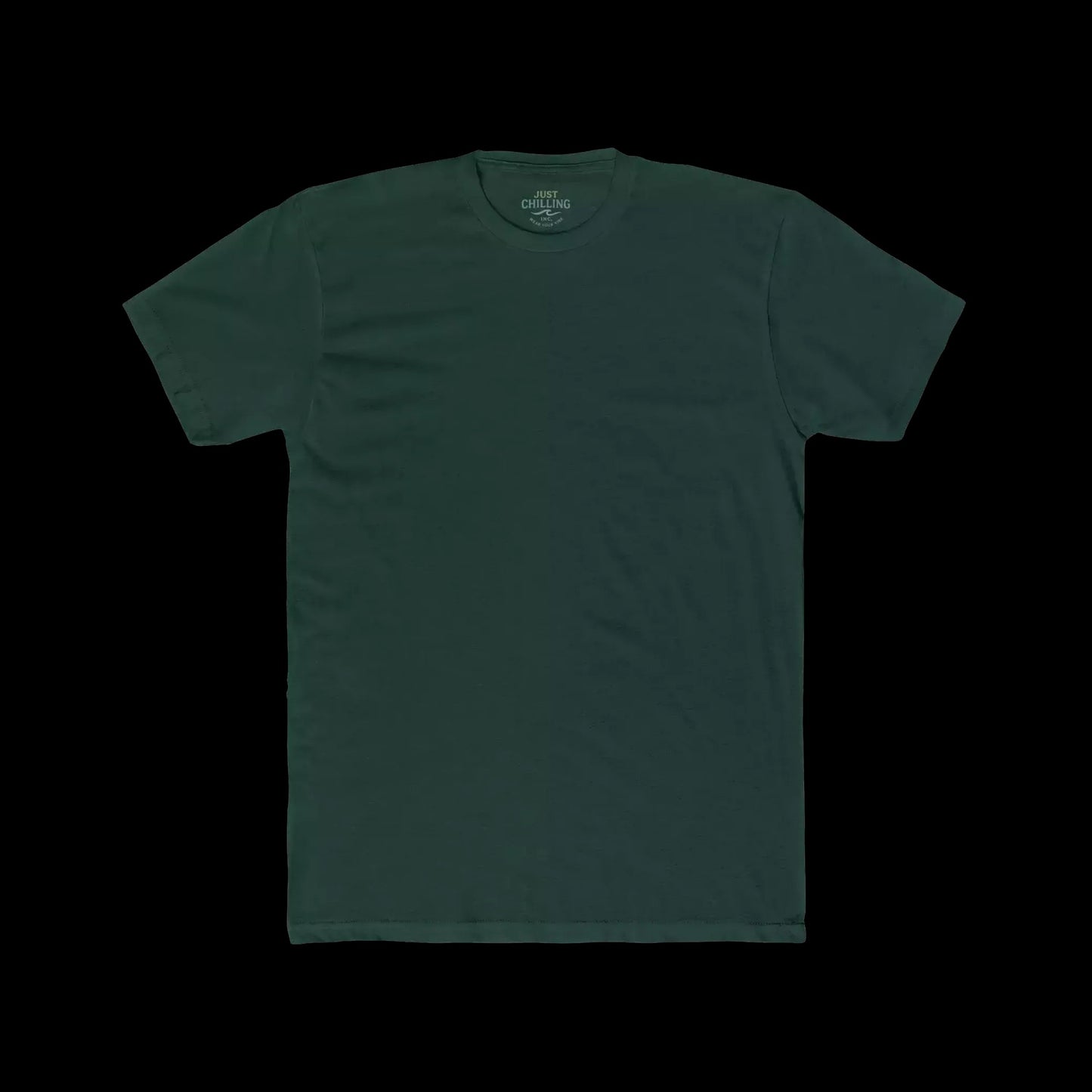 A plain green t-shirt is displayed against a black background.