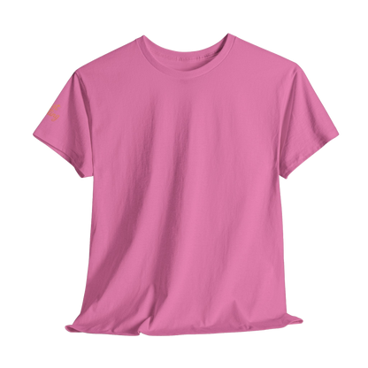 A pink t-shirt is shown against a black background.