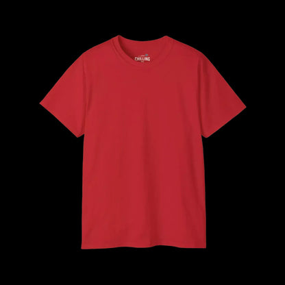 A red t-shirt against a black background.