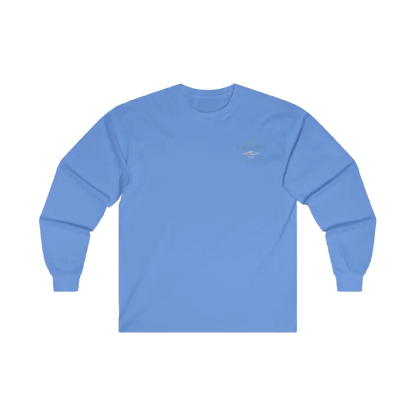 A light blue long-sleeved shirt is displayed against a black background.