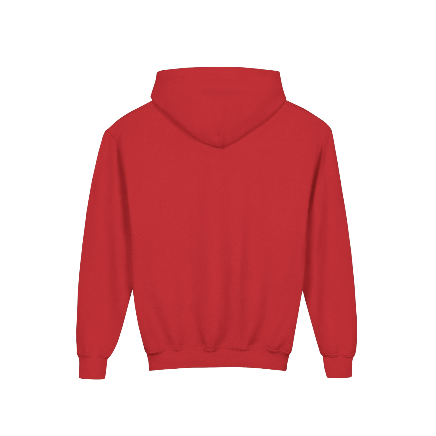 A red hooded sweatshirt is shown against a black background.