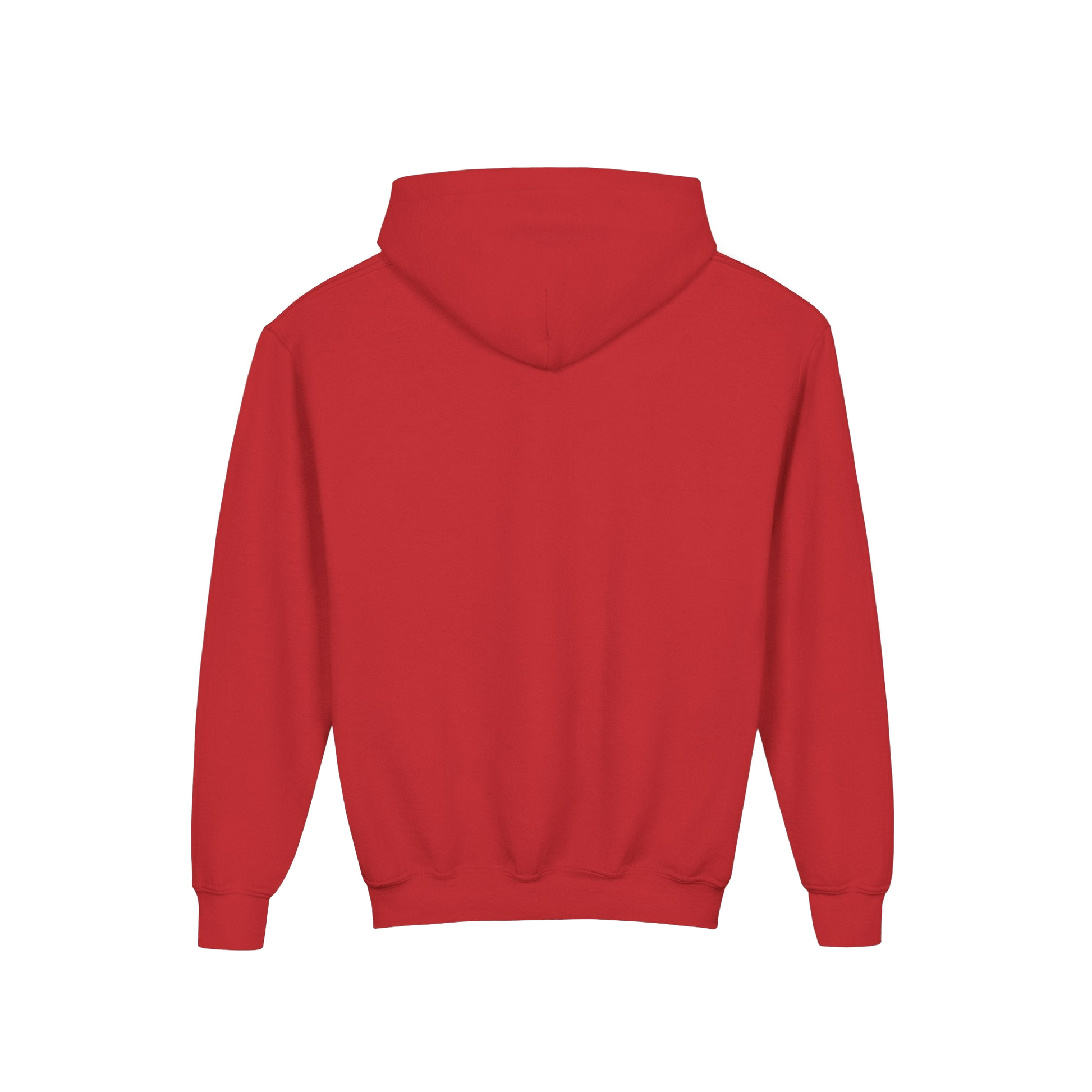 A red hooded sweatshirt is shown against a black background.