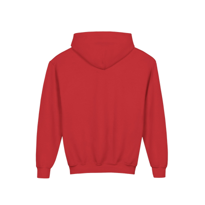 A red hooded sweatshirt is shown against a black background.