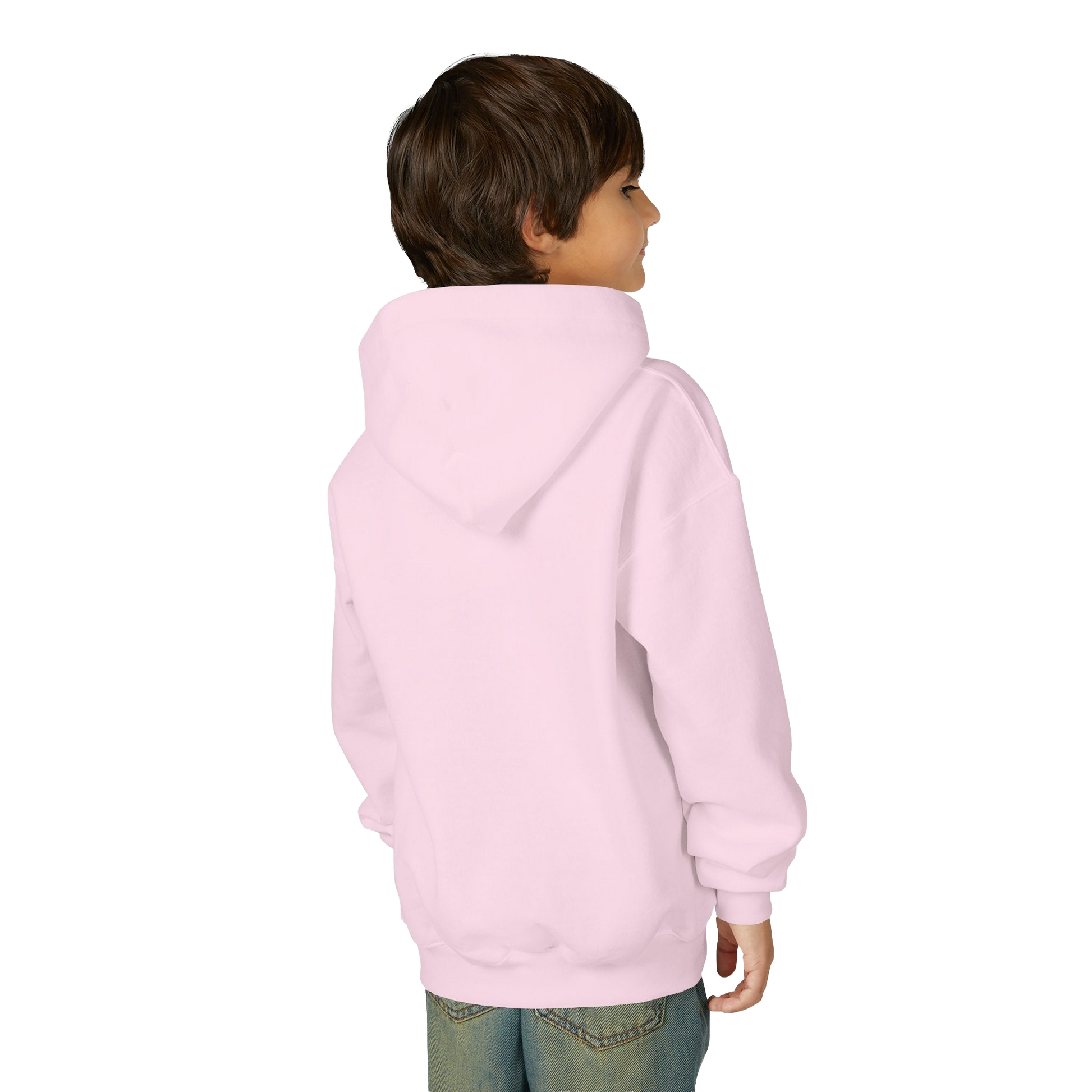 A young boy wearing a pink hoodie stands against a black background, facing away from the camera.