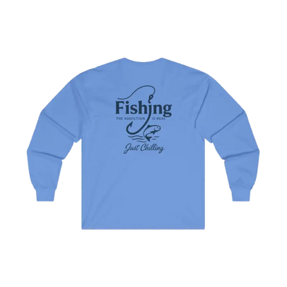 A light blue long-sleeved t-shirt with a graphic design on the back.