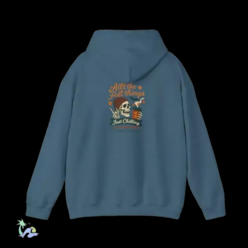 A blue hoodie with a graphic design on the back, featuring a skull and the text "All the good things just chilling".