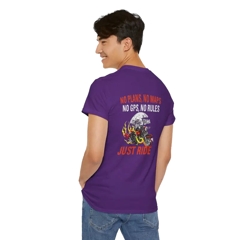 A person wearing a purple t-shirt with text and graphics printed on the back.
