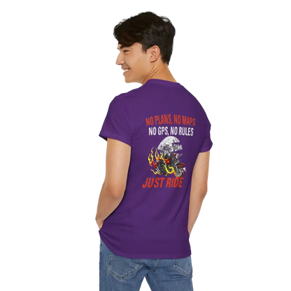 A person wearing a purple t-shirt with text and graphics printed on the back.