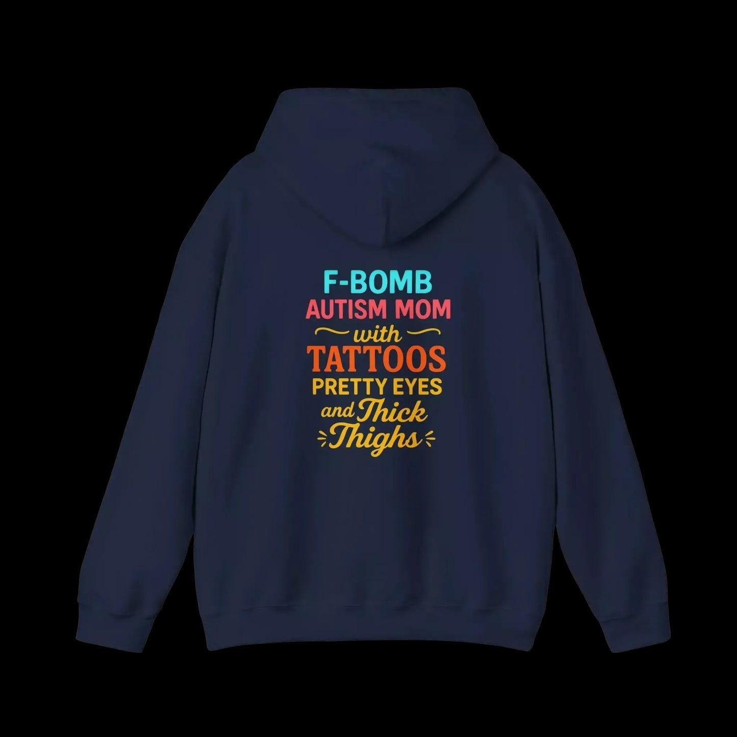A navy blue hoodie with text on the back.