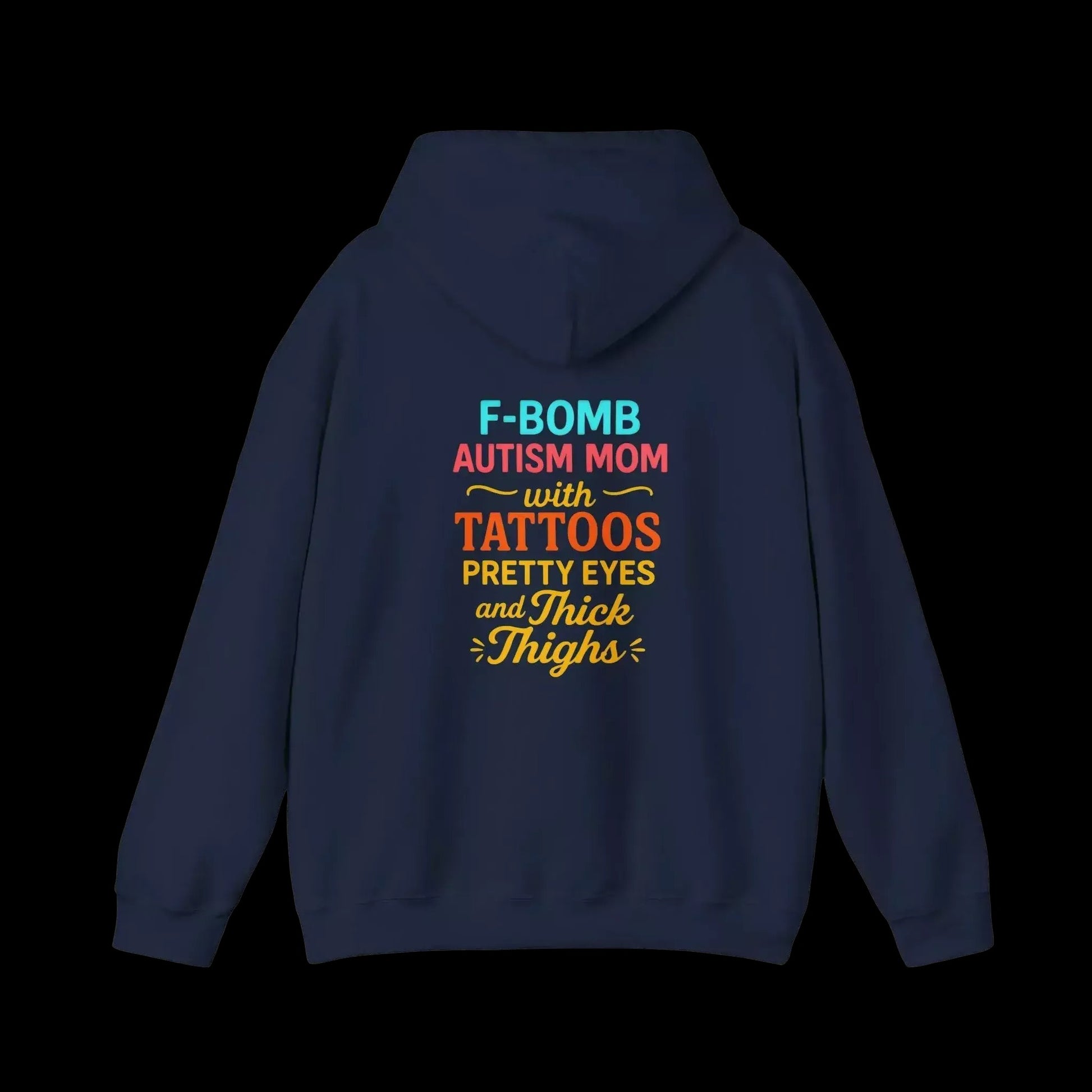 A navy blue hoodie with text on the back.