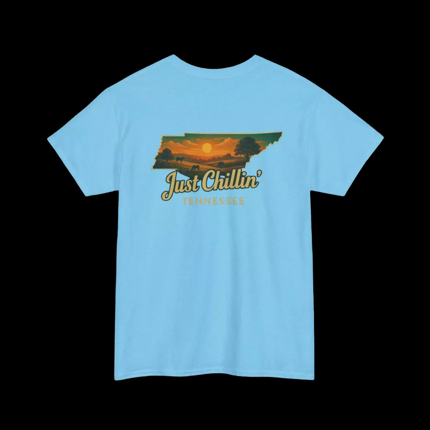 A light blue t-shirt with a graphic design depicting a sunset over the state of Tennessee.
