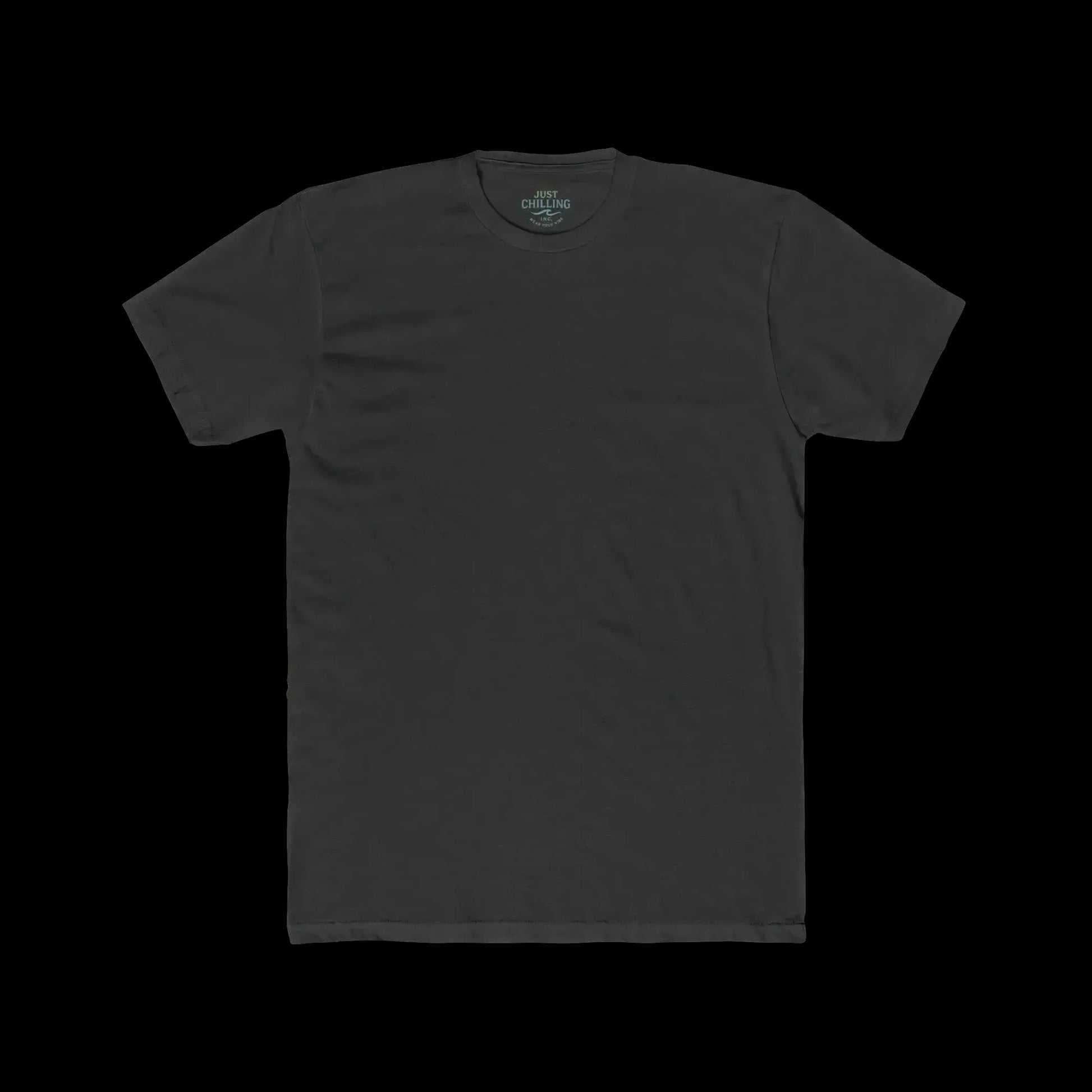 A plain, gray t-shirt is shown against a black background.