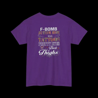 The image is a purple t-shirt with a humorous text design on it.