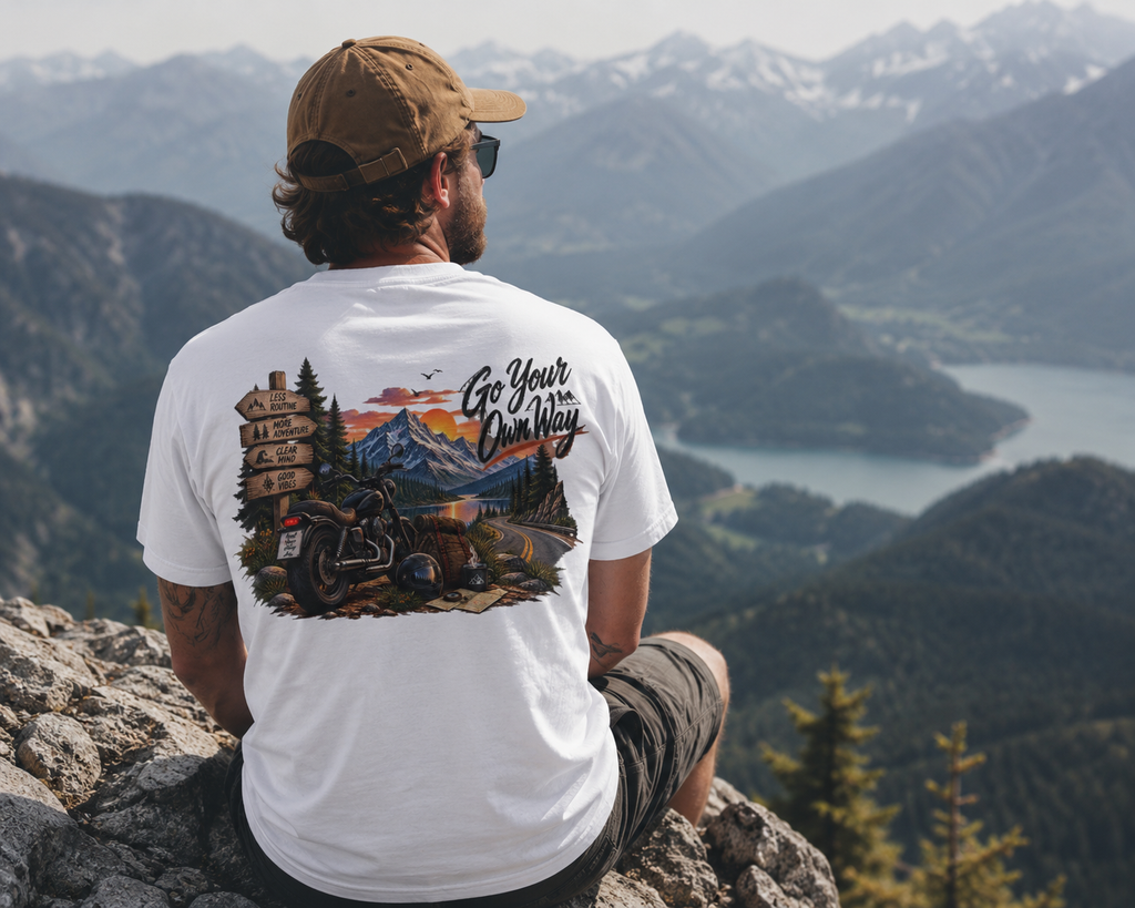 Adventure Motorcycle Tee — "Go Your Own Way" Scenic Biker T-Shirt