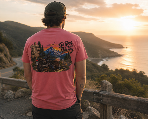 Adventure Motorcycle Tee — "Go Your Own Way" Scenic Biker T-Shirt