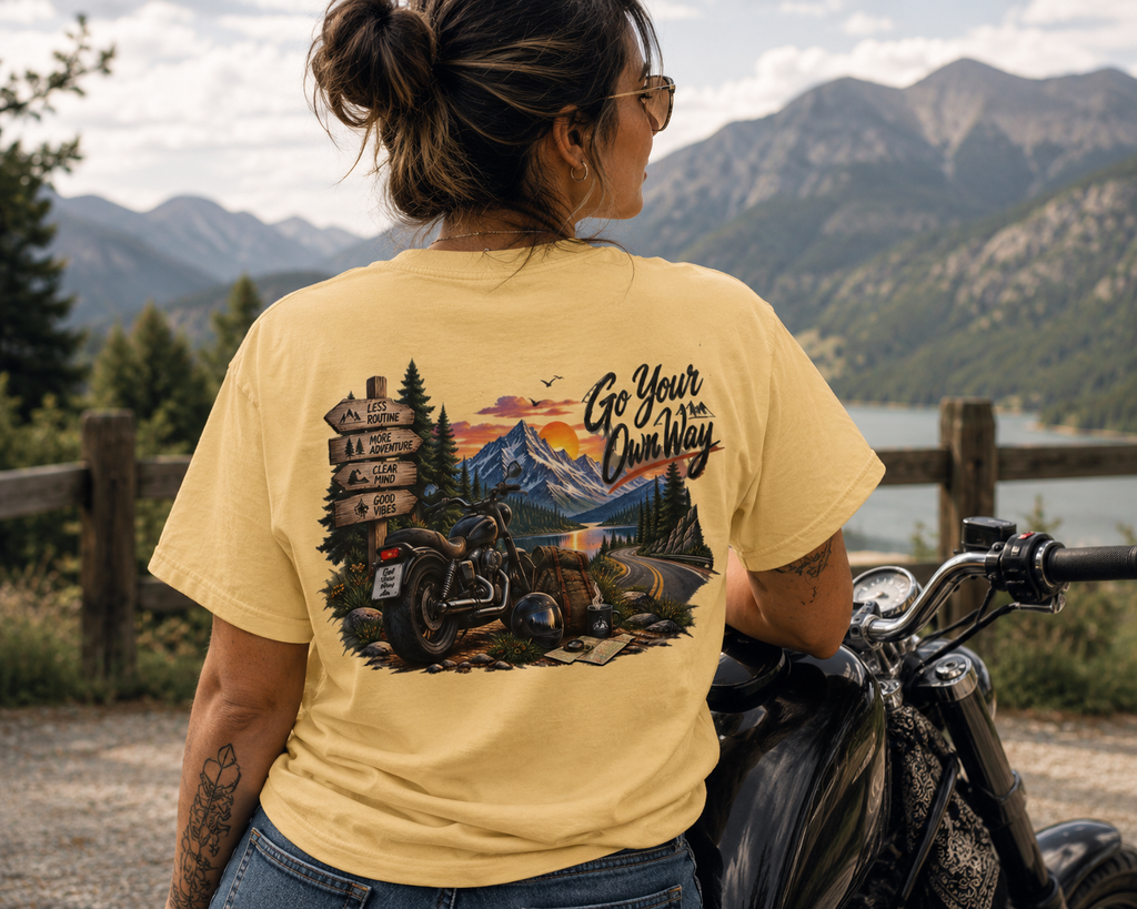 Adventure Motorcycle Tee — "Go Your Own Way" Scenic Biker T-Shirt