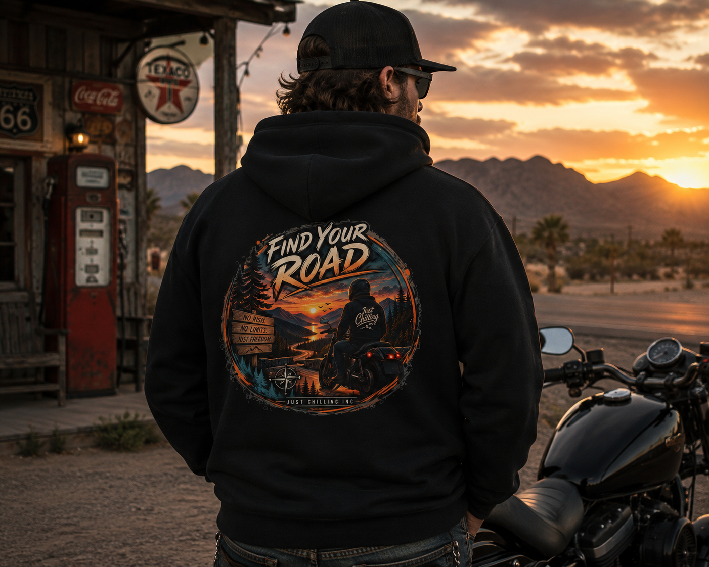 Hoodie — 'Find Your Road' Sunset Motorcycle Adventure Hooded Sweatshirt