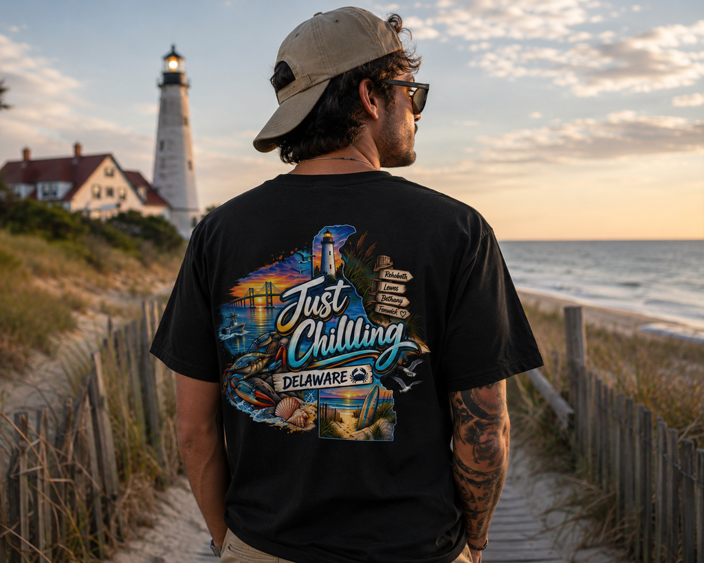 Delaware Just Chilling Tee, Summer Vibes Shirt, Beach Lover Gift, Casual Comfort Top, Vacation Outfit Essential, Fun Graphic T-Shirt