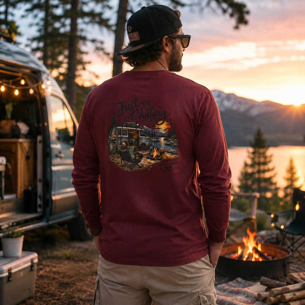 Long Sleeve Tee — "Just Chilling" Camper Van Camping Graphic