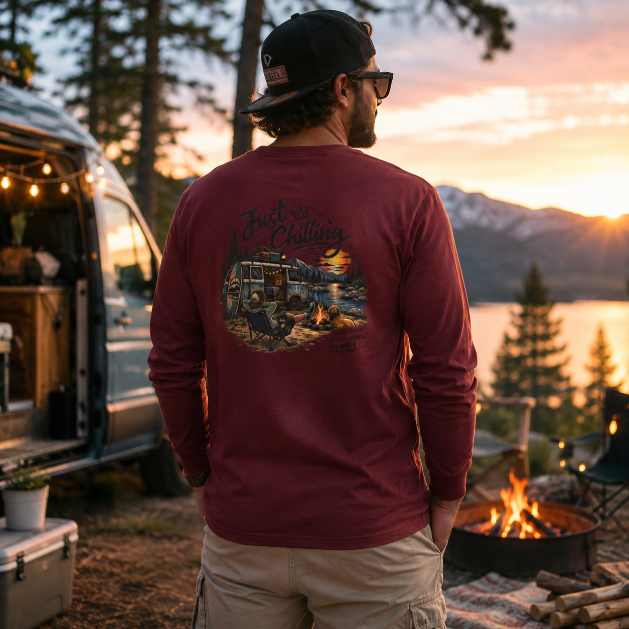 Long Sleeve Tee — "Just Chilling" Camper Van Camping Graphic