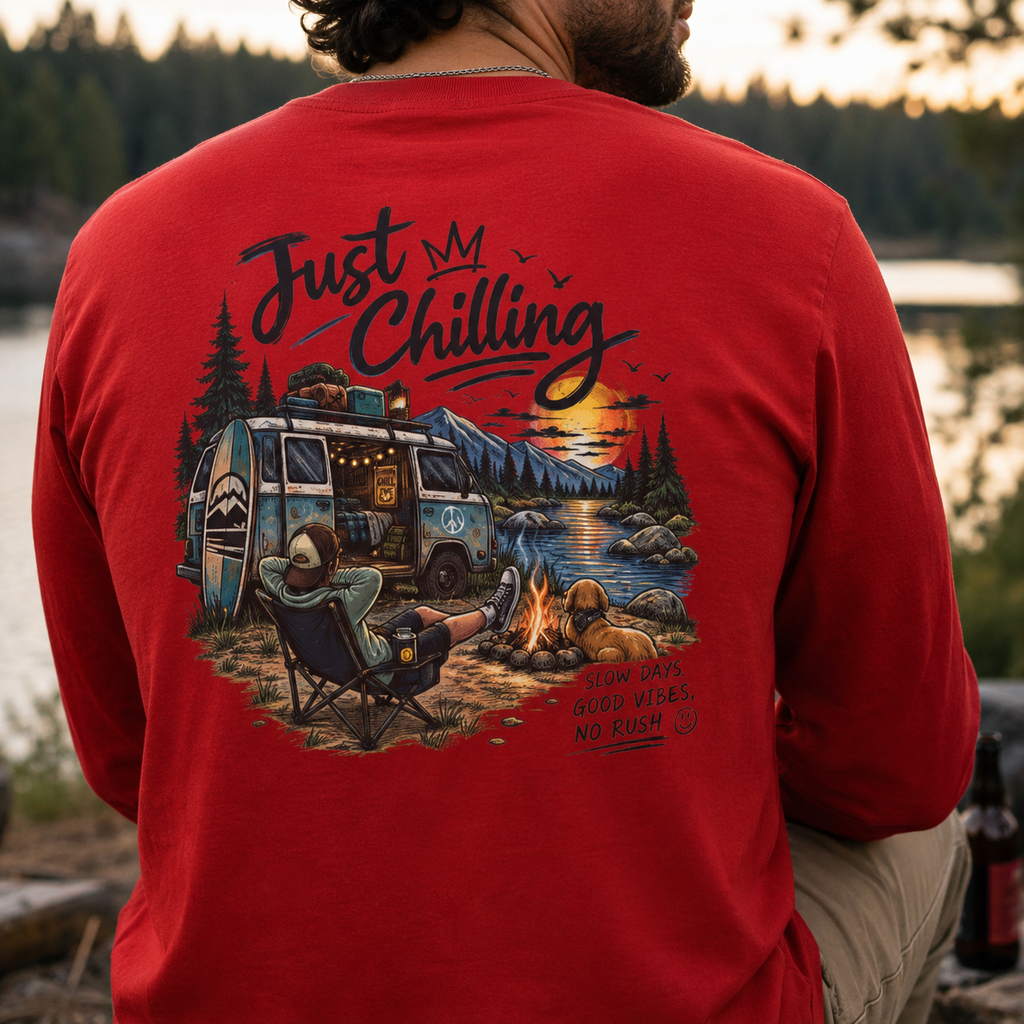 Long Sleeve Tee — "Just Chilling" Camper Van Camping Graphic