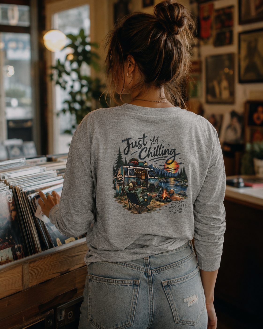 Long Sleeve Tee — "Just Chilling" Camper Van Camping Graphic