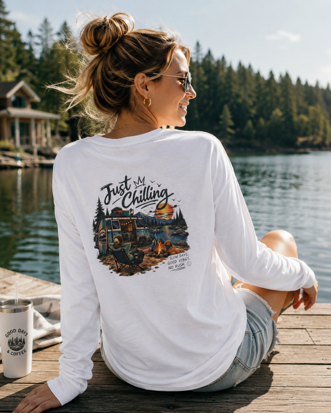 Long Sleeve Tee — "Just Chilling" Camper Van Camping Graphic