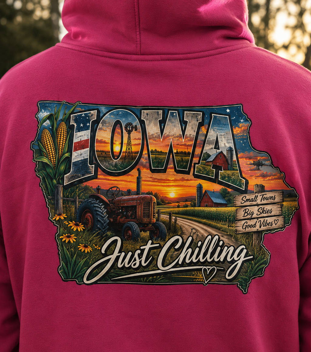 Iowa State Hoodie — 'Iowa Just Chilling' Retro Landscape College Sweatshirt