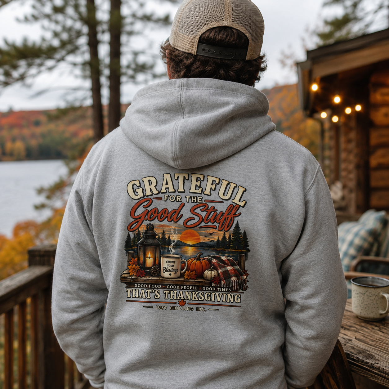 Thankful Harvest Hoodie — "Grateful for the Good Stuff" Fall Cabin Sweatshirt