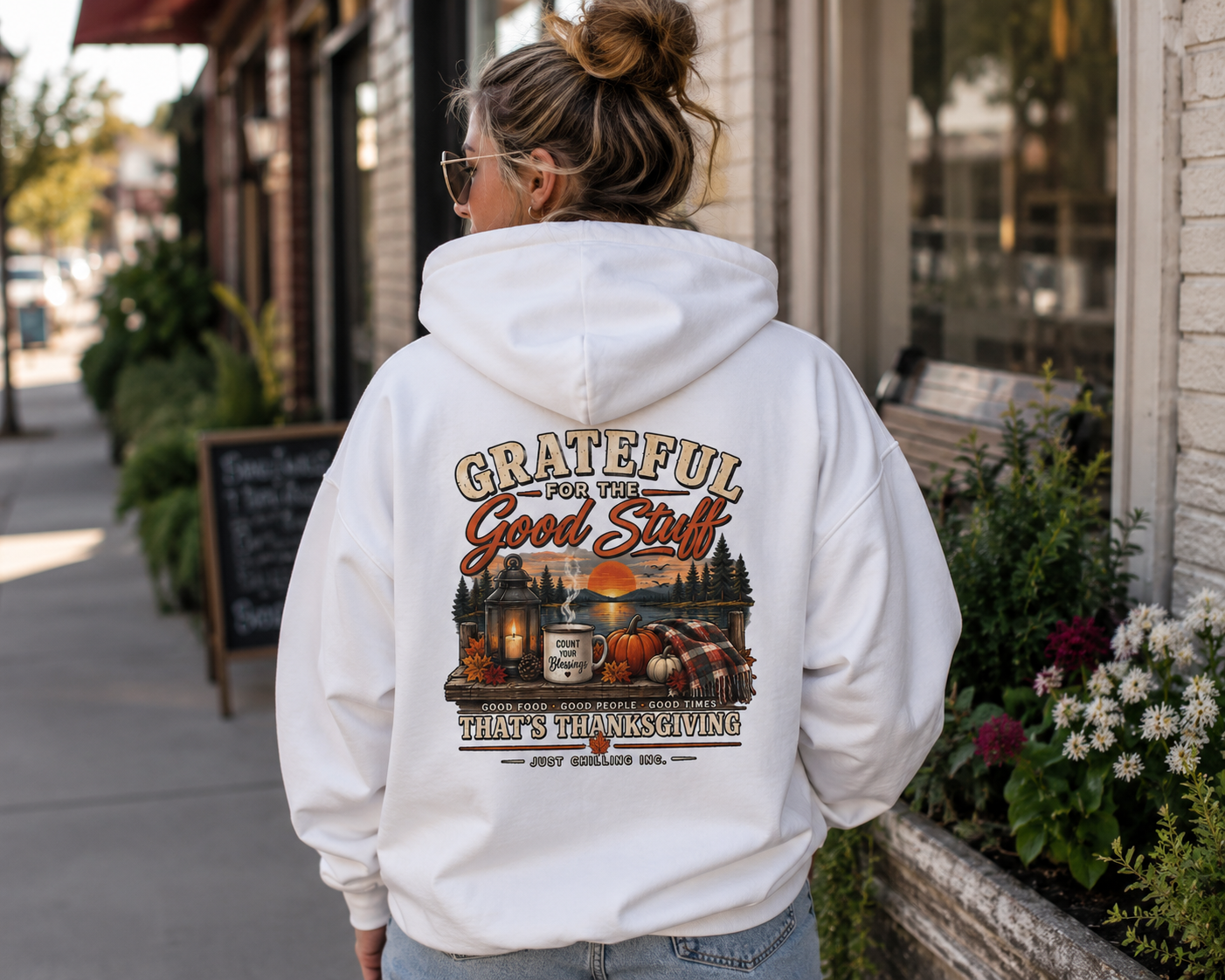 Thankful Harvest Hoodie — "Grateful for the Good Stuff" Fall Cabin Sweatshirt