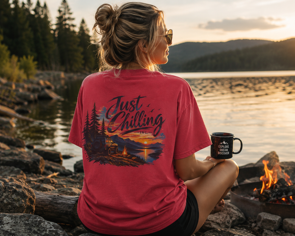 Just Chilling Outdoor Adventure T-Shirt | Camping, Mountains & Sunset Graphic Tee