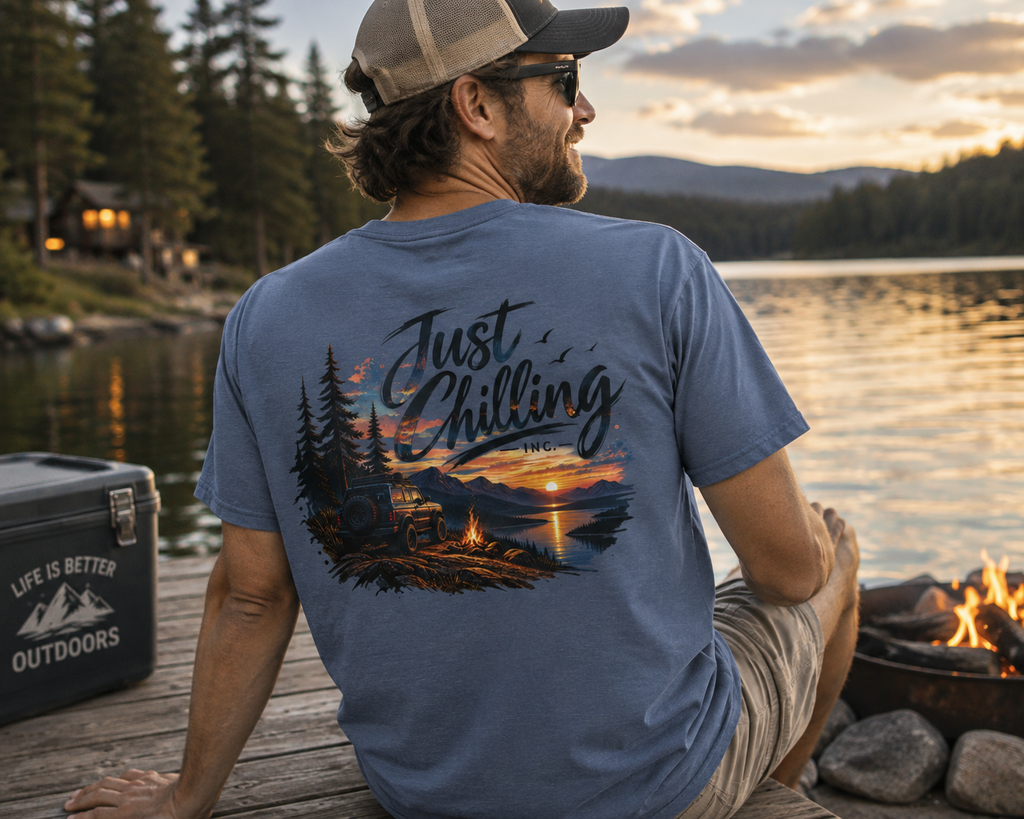 Just Chilling Outdoor Adventure T-Shirt | Camping, Mountains & Sunset Graphic Tee