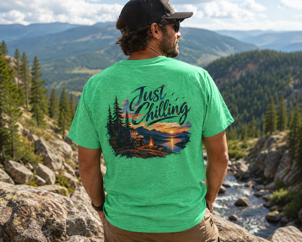 Just Chilling Outdoor Adventure T-Shirt | Camping, Mountains & Sunset Graphic Tee