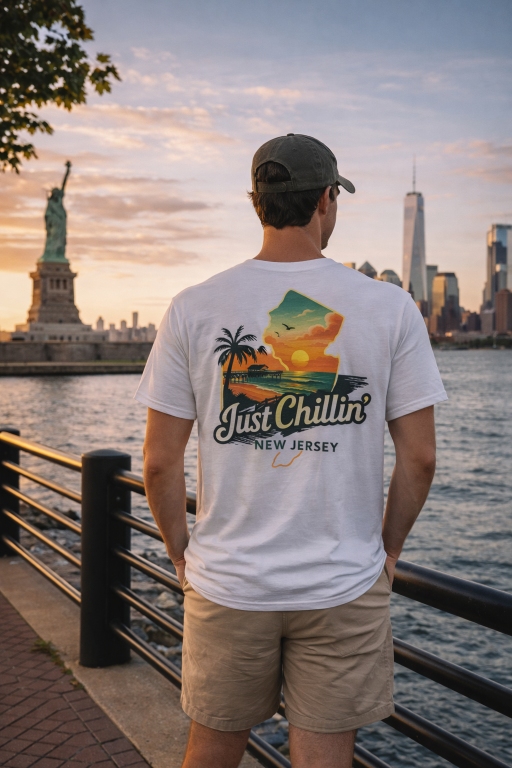 Unisex Heavy Cotton Tee - Just Chilling NJ Sunset Design, Casual Wear, Summer Vibes, Beach Outfit, Gift for Friends, Relaxation Tee