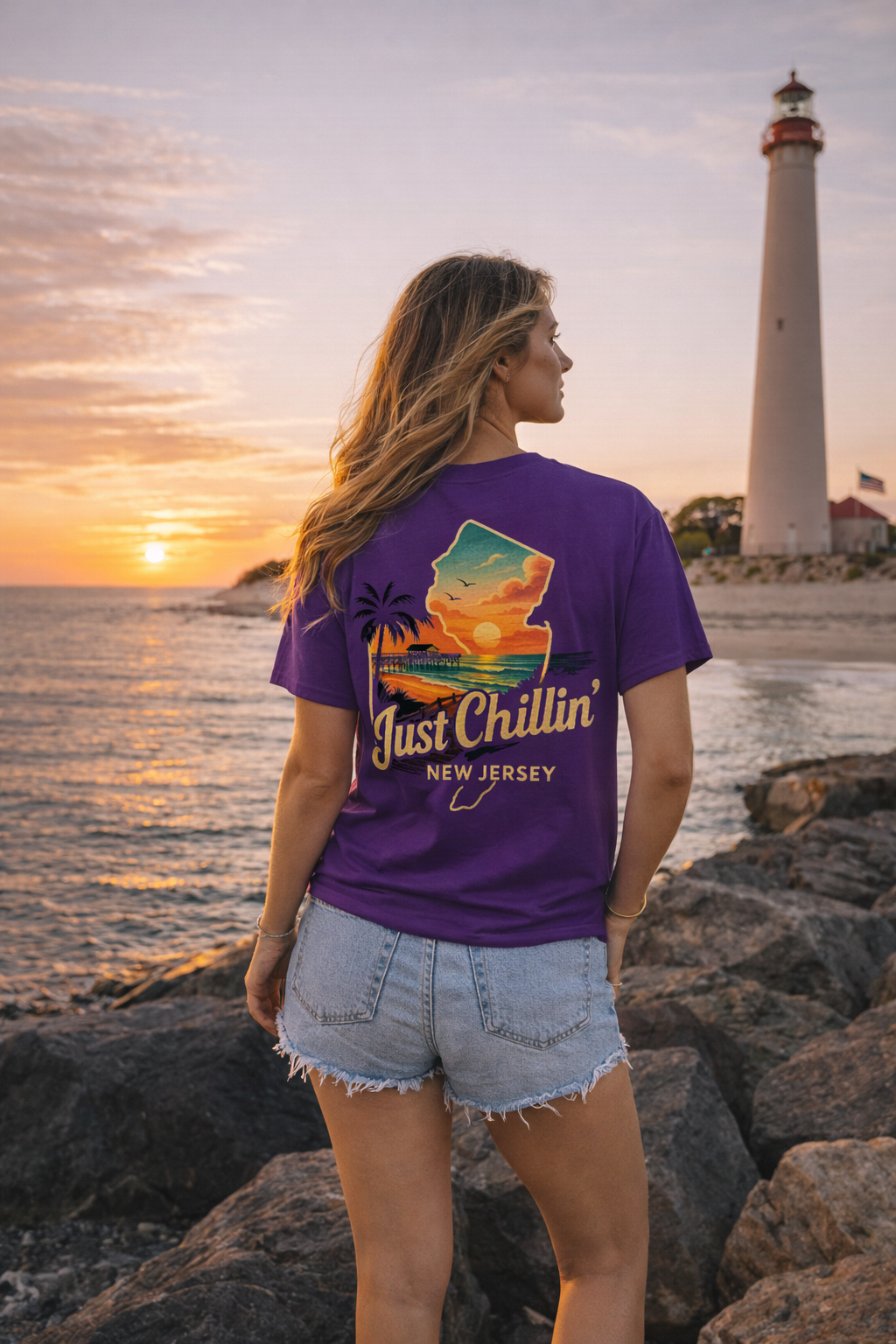 Unisex Heavy Cotton Tee - Just Chilling NJ Sunset Design, Casual Wear, Summer Vibes, Beach Outfit, Gift for Friends, Relaxation Tee